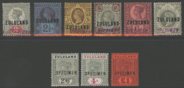 1888-93 2d To 1s (6 Vals) H/stamped SPECIMEN (1s - Faded), SG.3s/10s, Also 1894 2/6d, 4s & £1 Optd SPECIMEN, SG.26s/28s, - Autres & Non Classés