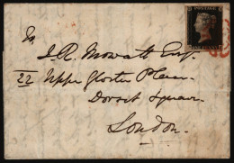 1840 Aug 25th Entire Letter From Romford To London, Franked Pl.1b DF, Three Margined Example, Tied Red MC, Reverse With  - Other & Unclassified