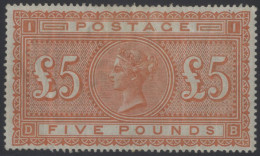 1867-83 £5 Orange DB, M (well Centred), Bright Colour, Faint Vertical Gum Fold Lines On Reverse, Tiny Perf Surface Rub B - Altri & Non Classificati