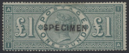 1887-92 £1 Green IA, Ovpt'd SPECIMEN (Type 11) M (centred To Lower-left), Faint Perf Soiling At Top, Fine. (1) SG.212s,  - Otros & Sin Clasificación