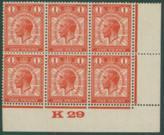 1929 PUC 1d K29 Control Block Of Six (Spec NComb6d), SG.435 R19/12 Showing 'broken Wreath' Variety, UM (gum A Little Ton - Sonstige & Ohne Zuordnung