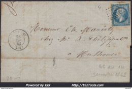 FRANCE N°14B SUR LETTRE AVEC GC 3938 LE THILLOT PRECOCE + CAD DU 28/12/1862 - 1853-1860 Napoléon III.