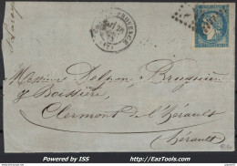 FRANCE N° 44A SEUL SUR LETTRE POUR CLERMONT L'HERAULT + CAD DU 28/12/1870 - 1870 Emission De Bordeaux