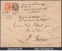 FRANCE N°47+48 SUR LETTRE POUR SAINT BRIEUC 3EME ECHELON GC + CAD DU 10/01/1872 - 1870 Emissione Di Bordeaux