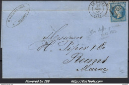 FRANCE N°14B SUR LETTRE AVEC GC 1769 LE HAVRE PRECOCE + CAD DU 27/12/1862 - 1853-1860 Napoleone III