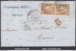 FRANCE N°56x2 SUR LETTRE POUR TUNIS AVEC GC 3219 ROUEN + CAD DU 06/05/1873 - 1871-1875 Ceres