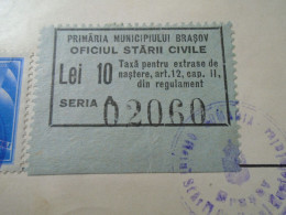 ZA456.23  Romania  Primaria Brasov Kronstadt - Auszug Tauf Matrikel - Adolf Brenner  1899 (1936) Local Tax Stamp  10 Lei - Nacimiento & Bautizo