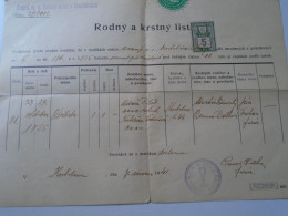 ZA456.25 Slovakia  -Kostolna  Kostolne -1941 -revenue Stamp  Slovakia -  Alzbet(1855) - Adam Pilat Katherina Sedovicova - Nacimiento & Bautizo