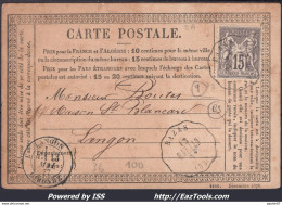 FRANCE N°77 SUR CP AVEC CONVOYEUR STATION BAZAS + CAD LANGON DU 13/05/1877 - 1876-1878 Sage (Type I)