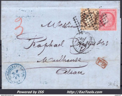 FRANCE N° 38+57 SUR LETTRE POUR MULHOUSE GC 1769 LE HAVRE + CAD DU 08/04/1874 - 1871-1875 Cérès