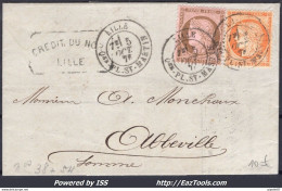 FRANCE N° 38+54 SUR LETTRE POUR ABBEVILLE AVEC CAD DE LILLE DU 05/11/1876 - 1871-1875 Ceres