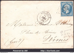 FRANCE N°14B SUR LETTRE GC PRECOCE 532 BORDEAUX GIRONDE + CAD DU 31/12/1862 - 1862 Napoleon III