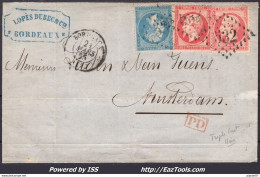 FRANCE N° 22+24X2 SUR LETTRE POUR AMSTERDAM GC 532 BORDEAUX + CAD DU 21/03/1865 - 1862 Napoleon III