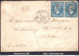 FRANCE PAIRE N° 22 SUR LETTRE POUR ILE DE JERSEY + CAD BORDEAUX DU 05/08/1866 - 1862 Napoleon III