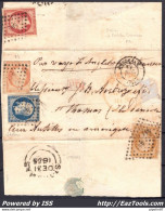 FRANCE N° 13+14+16+17 SUR LETTRE ST THOMAS ANTILLES DANOISES PC 441 BORDEAUX + CAD DU 12/12/1855 SIGNÉ SCHELLER - 1853-1860 Napoléon III.