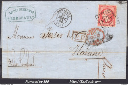 FRANCE N° 24 SUR LETTRE POUR LA HAVANE CUBA AVEC GC 532 + CAD BORDEAUX DU 30/09/1864 - 1862 Napoléon III.