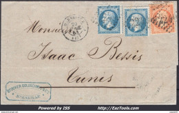 FRANCE N° 22x2+23 SUR LETTRE DOUBLE PORT POUR TUNIS GC 2240 MARSEILLE 20/04/1866 - 1862 Napoléon III