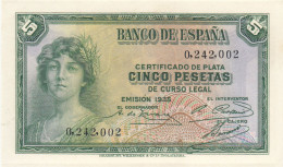 CRBS0860 BILLETE ESPAÑA 5 PESETAS EMISION 1935 SIN SERIE EBC+ - 5 Peseten