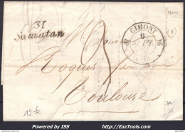 FRANCE MARQUE POSTALE GRIFFE 31 SAMATAN + CAD TYPE 12 GIMONT DU 06/09/1844 - 1801-1848: Précurseurs XIX