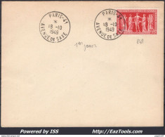 FRANCE N°849 SEUL SUR LETTRE CAD DE PARIS DU 18/10/1949 PREMIER JOUR D'EMISSION - Covers & Documents