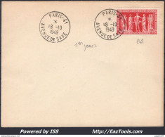 FRANCE N°849 SEUL SUR LETTRE CAD DE PARIS DU 18/10/1949 PREMIER JOUR D'EMISSION - Cartas & Documentos