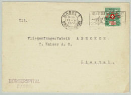 Schweiz / Helvetia 1931, Postkarte Bürgerspital Basel - Liestal, Portofreiheitmarke, Hospital, Flugzeug, Aviatik - Franquicia