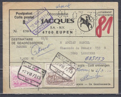 Postpaket B Met Stempel Eupen N°1 Chocolaterie Jacques - Documenti & Frammenti