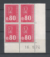 FRANCE 1974 N° 1816 ** Bloc De 4 Coin Daté 16.9.74 Neufs MNH Superbe C 4 € Marianne De Bequet - 1970-1979