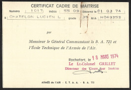 ARMEE De L'AIR, CERTIFICAT CADRE De MAITRISE - Rochefort 1974 - Diplômes & Bulletins Scolaires