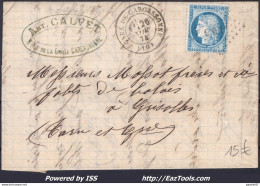 FRANCE N° 60A SUR LETTRE AMBULANT CB1° + CAD GARE DE CARCASSONNE DU 26/11/1874 - 1871-1875 Ceres