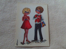 BELLE ILLUSTRATION ROMANTIQUE .."VIVE ST VALENTIN" ...JEUNES AMOUREUX ET CADEAUX..SIGNE OLIVA ? - Valentinstag