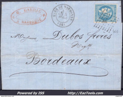 FRANCE N°46B SUR LETTRE AMBULANT CB + CAD GARE DE NARBONNE DU 05/04/1871 - 1870 Emission De Bordeaux