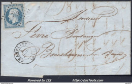 FRANCE N°14Af BLEU LAITEUX SUR LETTRE PC 722 CHAMPLITTE HTE SAONE DU 04/07/1854 - 1853-1860 Napoléon III.