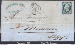 FRANCE N° 14A SUR LETTRE POUR LA BELGIQUE PC 2737 TARIF FRONTALIER DU 29/12/1857 - 1853-1860 Napoleone III