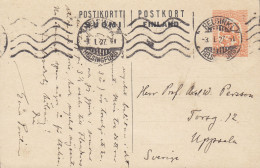 Finland Postal Stationery Ganzsache Entier 1 Mark Wappenlöwe TMS. Cds. HELSINKI 1927 UPPSALA Sweden (2 Scans) - Postal Stationery