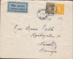 Finland PAR AVION Ilmaposti - Luftpost Label HELSINKI 1944 Cover Brief LUND Sweden Purple Censor Zensur Cds. - Briefe U. Dokumente