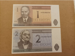 2 Billetes De Estonia De 1 Y 2 Krooni, Año 1992, Serie AA, UNC - Estonia