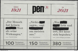 2021 Liechtenstein  Mi Bl. 39  **MNH  100 Jahre Autorenverband PEN International. - Neufs