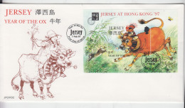 Jersey 1997 Year Of Ox M/Sheet 'Hong Kong' Overprint - On FDC - Jersey