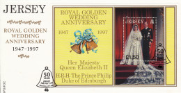 Jersey 1997 Golden Wedding Miniature Sheet On FDC - Jersey