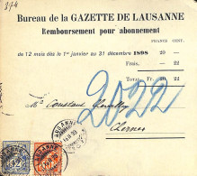 Facture Abonnement Au Journal La Gazette De Lausanne 1898 Chevalley Chernex Sur Montreux - Schweiz