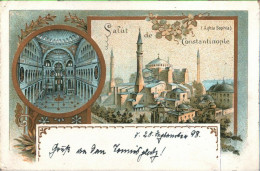 ! 1898 TOP Litho Ansichtskarte Salut De Constantinople, Aghia Sophia, Dt. Post In Der Türkei Gelaufen Nach Königsberg - Turkey