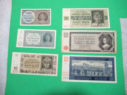 6 Billets. Allemagne Protektorat Tchécoslovaquie 1940-45. Plusieurs Spécimens. Rares Billets. Voir Description Complète. - Collections