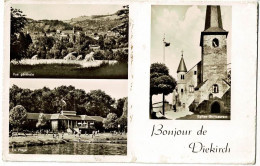 Bonjour De Diekirch - Multivues, 3 Vues (Vue Générale, La Plage, Eglise Saint Laurent) Circulé 1955, Timbre Décollé - Diekirch