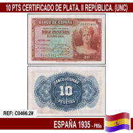 C0466.2# España 1935. 10 Pts. Certificado De Plata (UNC) P86a - 5 Pesetas