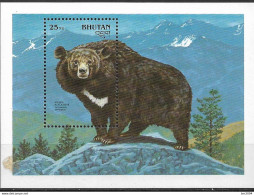 1990 Bhutan  Mi. Bl. 189 **MNH Gefährdete Säugetiere.Kragenbär (Ursus Thibetanus) - Bhoutan