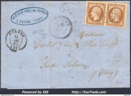 FRANCE PAIRE N°13B SUR LETTRE PC 3487 VAOUR TARN + CAD DU 11/12/1860 INDICE 17 - 1853-1860 Napoléon III