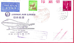 JAPAN - FIRST FLIGHT J.A.L. WITH B747 FROM TOKYO TO LONDON * 8.VII.75* ON OFFICIAL COVER - Corréo Aéreo