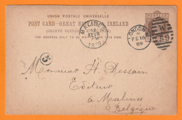 1889 - QV - Entier CP Privé  One Penny De London Londres Vers Mechelen Malines, Belgique - Contrôle Arrivée 5 - Marcofilia