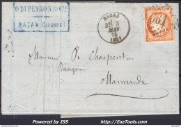 FRANCE N°38 SUR LETTRE GC 361 BAZAS GIRONDE + CAD TYPE 16 DU 03/05/1875 - 1870 Assedio Di Parigi